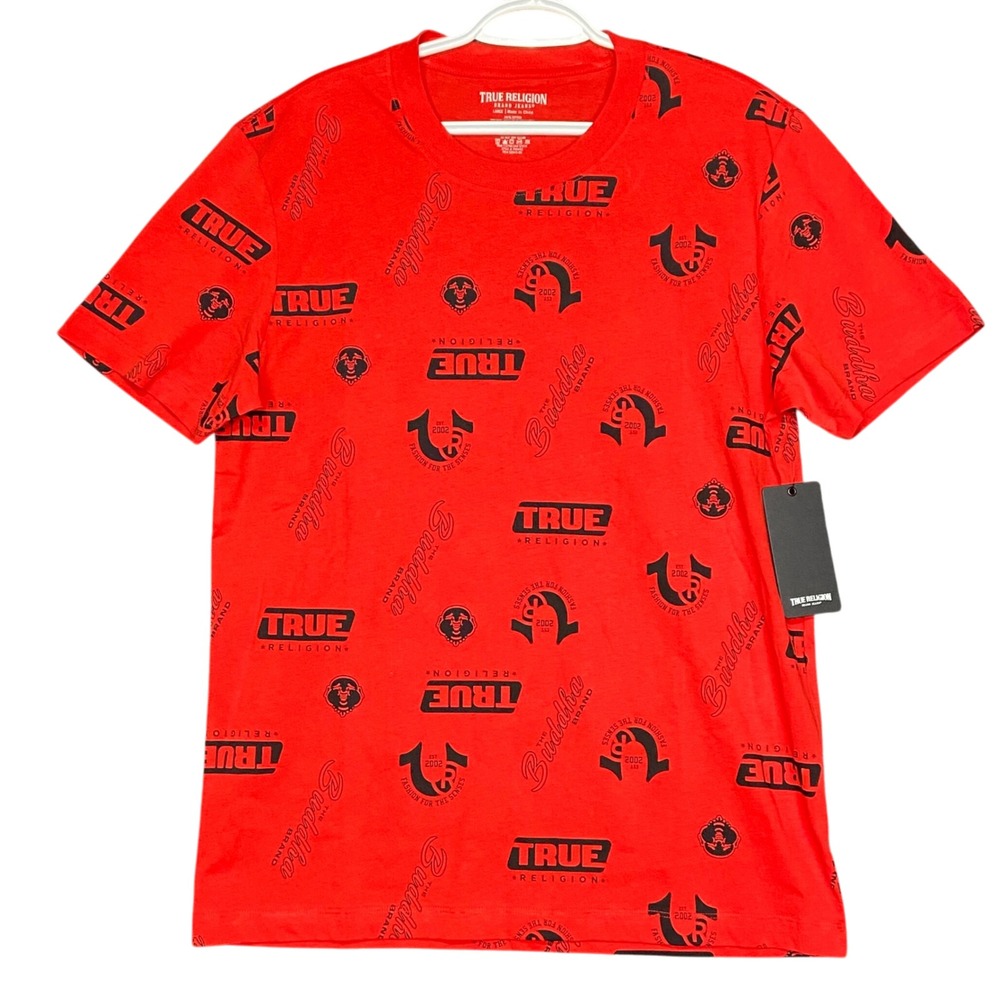 True Religion Multi Logo AOP T-Shirt Men's Large Lava Red Buddha Graphic Tee NWT